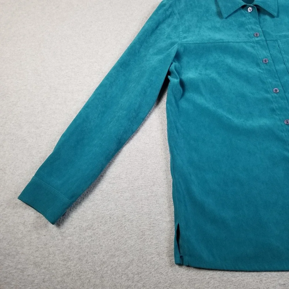 Allison Daley Button Up Shirt Women 12 Green Faux Suede Long Sleeve Collared Top